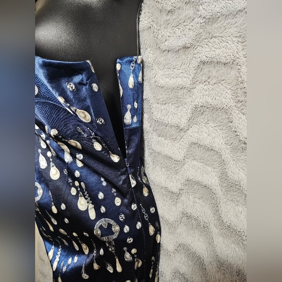 David Meister Blue Pearl Satin One Shoulder Sheath Cocktail Dress Jewel Print 6 - Picture 7 of 15